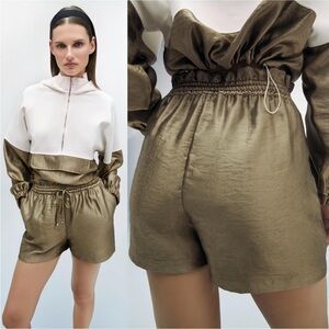 Zara High Waist Metallic Olive Shorts